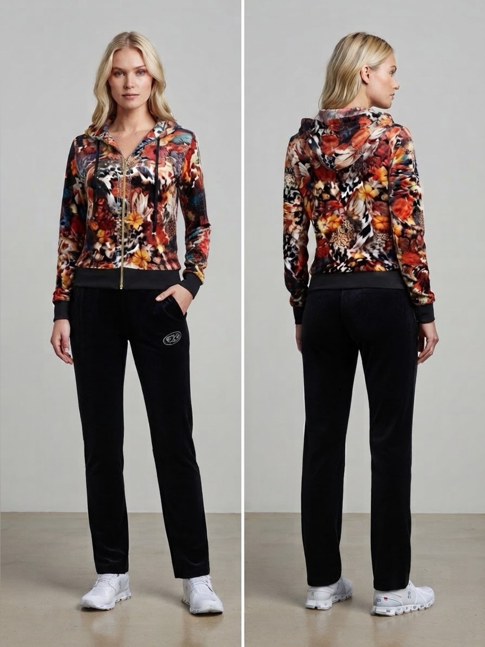 NWT WOMEN VELOUR TRACKSUIT SET JACKET/BLACK PANTS FLORAL PRINT LOUNGEWEAR HOODED